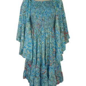 Zury Womens Mini Dress Blue Floral Smocked Bell Sleeves Silk XS